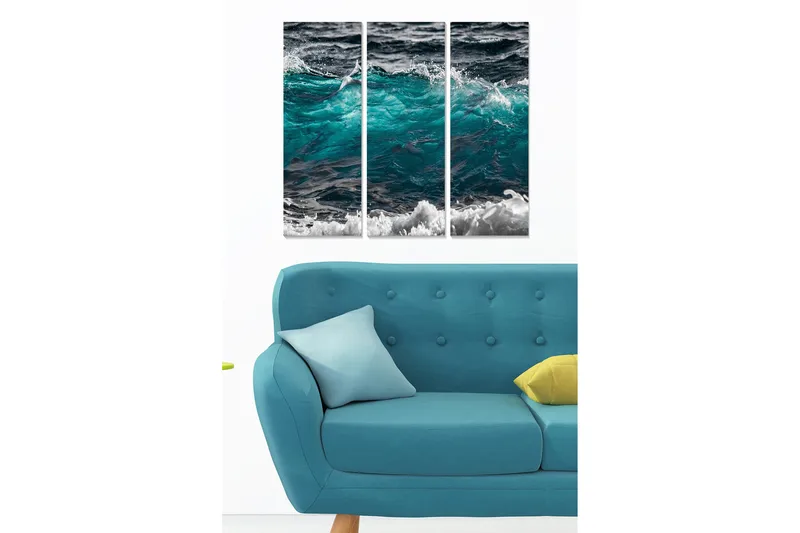Puinen canvas-taulu, 3 osaa, 50x70 cm - Dynaamiset aallot turkoosin ja mustan sävyissä, Turkoosi / Musta