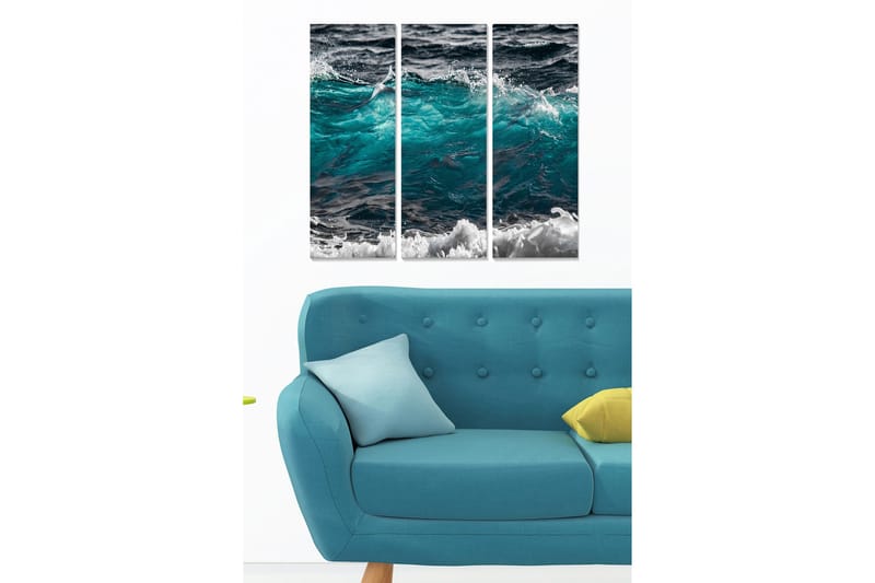 Puinen canvas-taulu, 3 osaa, 50x70 cm - Dynaamiset aallot turkoosin ja mustan sävyissä, Turkoosi / Musta