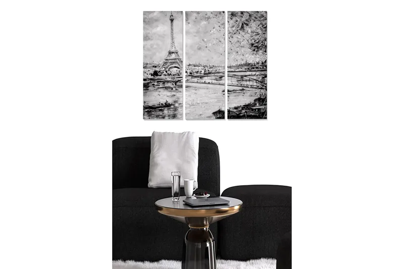 Puinen canvas-taulu, 3 osaa, 50x70 cm - Eiffel-tornin siluetti Seine-joella Pariisissa, Musta / Valkoinen / Harmaa