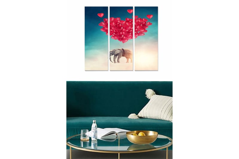 Puinen canvas-taulu, 3 osaa, 50x70 cm - Elefantti kelluu sydämenmuotoisten ilmapallojen kanssa, Punainen / Sininen / Beige
