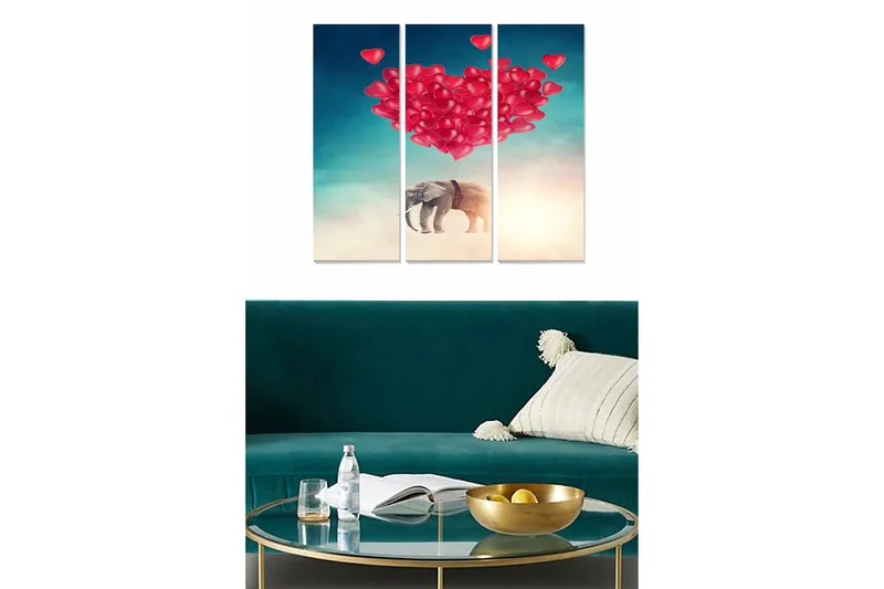 Puinen canvas-taulu, 3 osaa, 50x70 cm - Elefantti kelluu sydämenmuotoisten ilmapallojen kanssa, Punainen / Sininen / Beige