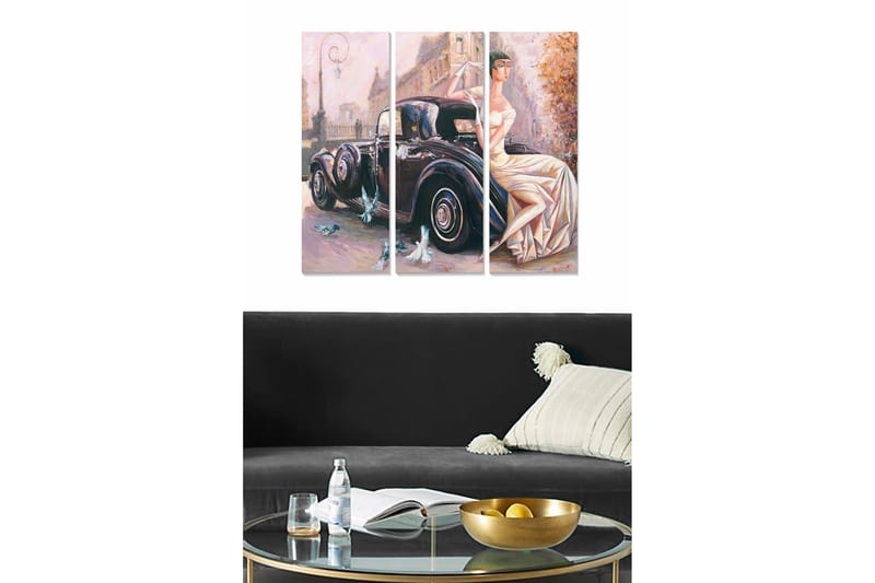 Puinen canvas-taulu, 3 osaa, 50x70 cm - Elegantti nainen valkoisessa mekossa klassikkoauton vieressä, Musta / Valkoinen / Beige
