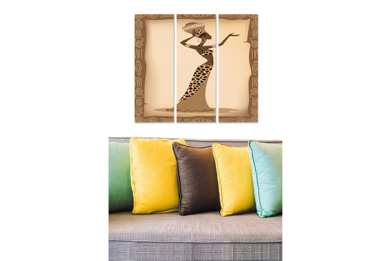 Puinen canvas-taulu, 3 osaa, 50x70 cm - Elegantti nainen perinteisessä eläinkuvioisessa mekossa, Ruskea / Beige / Musta