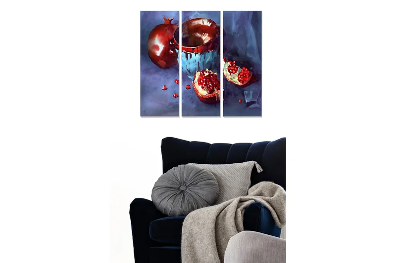 Puinen canvas-taulu, 3 osaa, 50x70 cm - Granaattiomena ja kulho rauhallisessa sommitelmassa, Punainen / Sininen / Valkoinen