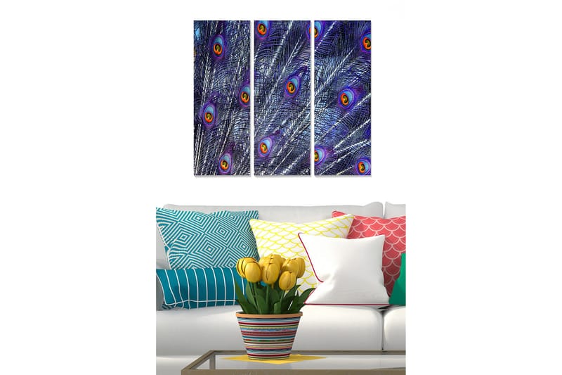 Puinen canvas-taulu, 3 osaa, 50x70 cm - Höyheniä ja riikinkukon silmiä kirkkaissa väreissä, Violetti / Vihreä / Kulta