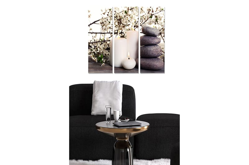 Puinen canvas-taulu, 3 osaa, 50x70 cm - Harmoninen sommitelma kukista, kynttilöistä ja kivistä, Valkoinen / Harmaa / Tummanvioletti