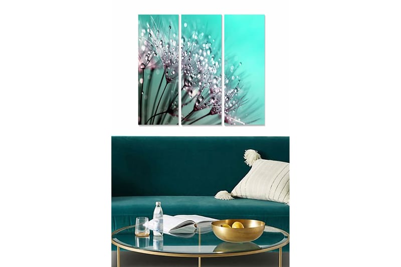 Puinen canvas-taulu, 3 osaa, 50x70 cm - Herkkä kukka-asetelma vesipisaroilla, Turkoosi / Valkoinen / Vaaleanpunainen