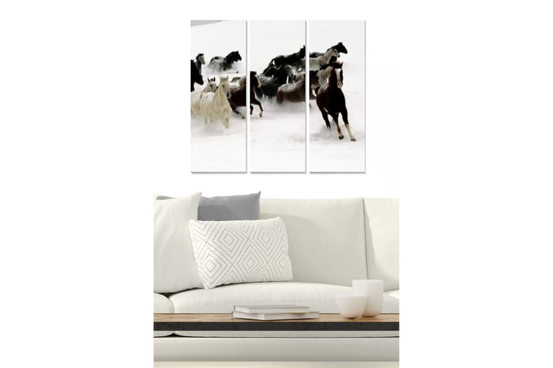 Puinen canvas-taulu, 3 osaa, 50x70 cm - Hevoset laukkaamassa lumessa, Valkoinen / Musta / Ruskea