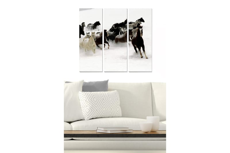 Puinen canvas-taulu, 3 osaa, 50x70 cm - Hevoset laukkaamassa lumessa, Valkoinen / Musta / Ruskea