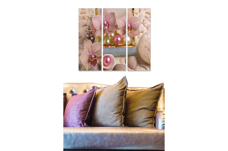 Puinen canvas-taulu, 3 osaa, 50x70 cm - Ihania orkideoita elegantissa helmien ja simpukoiden sommitelmassa, Vaaleanpunainen / Beige / Vihreä