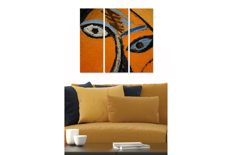 Puinen canvas-taulu, 3 osaa, 50x70 cm - Intensiivinen silmien ilme vahvoissa väreissä, Oranssi / Musta / Sininen