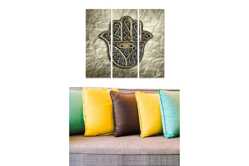 Puinen canvas-taulu, 3 osaa, 50x70 cm - Käsi ja silmä koristeellisessa tyylissä, Kulta / Musta / Harmaa