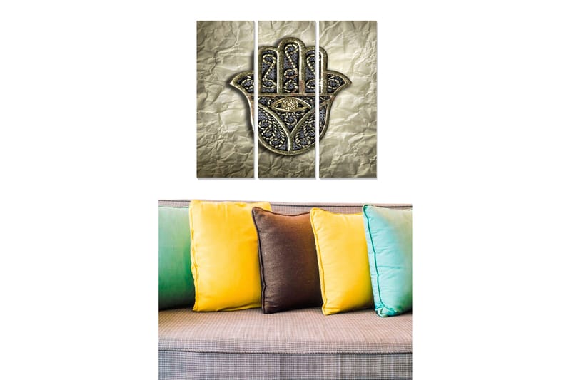 Puinen canvas-taulu, 3 osaa, 50x70 cm - Käsi ja silmä koristeellisessa tyylissä, Kulta / Musta / Harmaa