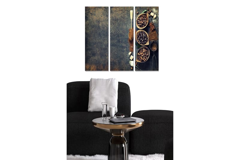 Puinen canvas-taulu, 3 osaa, 50x70 cm - Kahvi- ja maustekoostumus kulhoissa, Tummanruskea / Beige / Musta