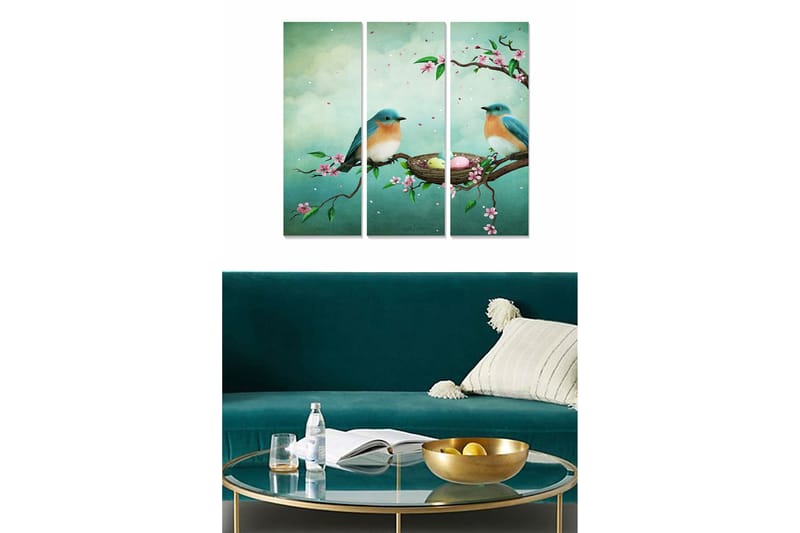 Puinen canvas-taulu, 3 osaa, 50x70 cm - Kaksi lintua oksalla kukkien ja linnunpesän kanssa - Sininen / Vihreä / Vaaleanpunainen - Sisustustuotteet - Taulu & taide - Canvas-taulu