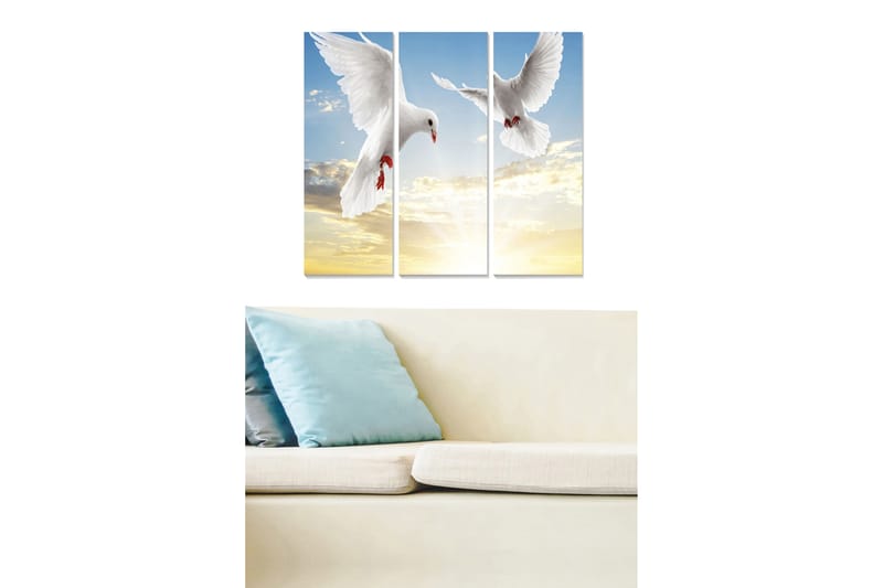 Puinen canvas-taulu, 3 osaa, 50x70 cm - Kaksi valkoista kyyhkyä lennossa kirkasta taivasta vasten, Valkoinen / Sininen / Keltainen