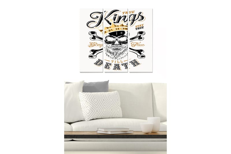 Puinen canvas-taulu, 3 osaa, 50x70 cm - Kallo kruunulla ja ristiluuilla, Musta / Kulta / Valkoinen