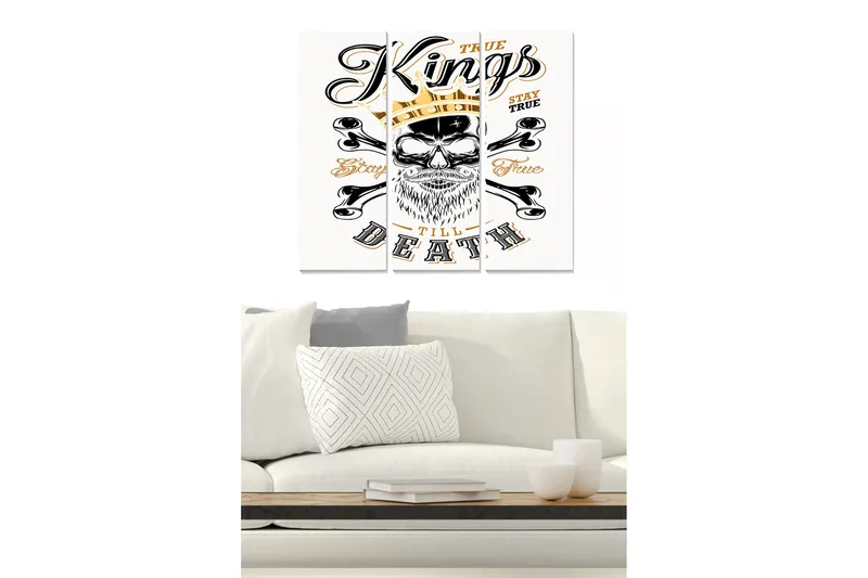 Puinen canvas-taulu, 3 osaa, 50x70 cm - Kallo kruunulla ja ristiluuilla, Musta / Kulta / Valkoinen