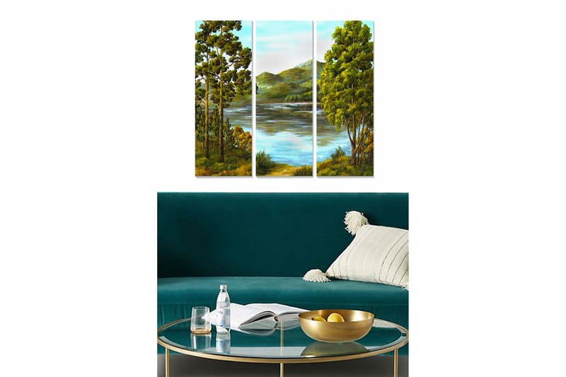 Puinen canvas-taulu, 3 osaa, 50x70 cm - Kaunis maisemamaalaus puilla ja peilimäisillä järvillä, Vihreä / Sininen / Ruskea