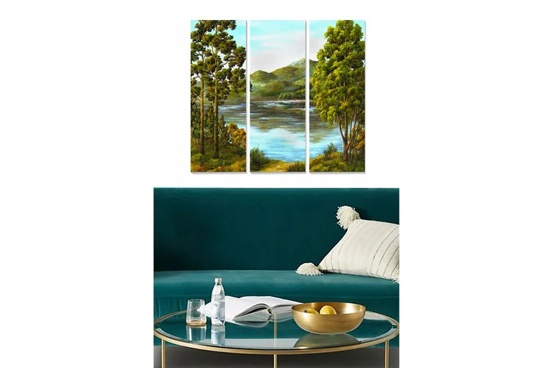 Puinen canvas-taulu, 3 osaa, 50x70 cm - Kaunis maisemamaalaus puilla ja peilimäisillä järvillä, Vihreä / Sininen / Ruskea