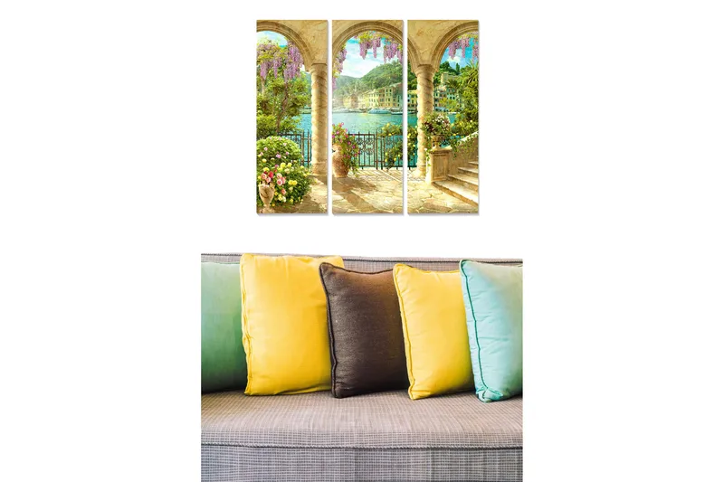 Puinen canvas-taulu, 3 osaa, 50x70 cm - Kaunis näkymä Välimeren satamaan kukkien ja pylväikköjen ympäröimänä, Vihreä / Violetti / Kulta