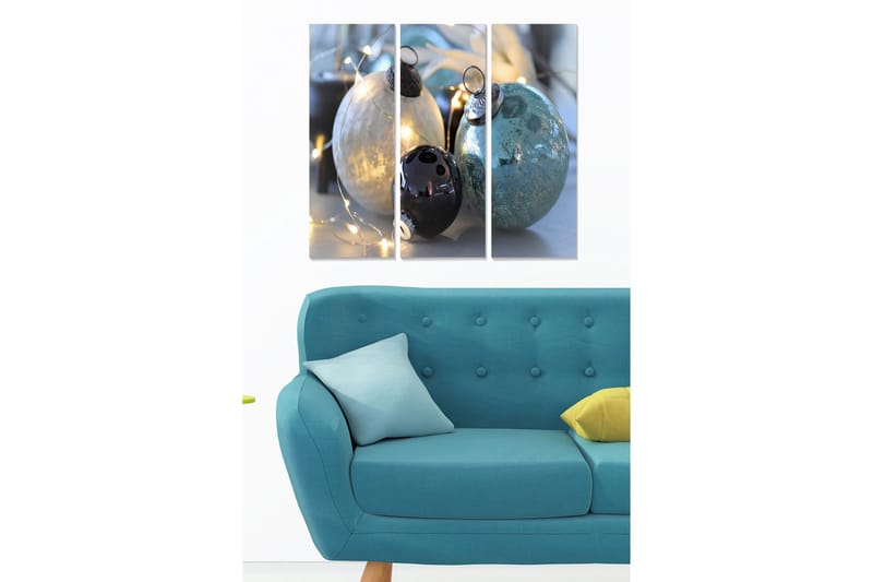 Puinen canvas-taulu, 3 osaa, 50x70 cm - Kiiltävät joulupallot eri väreissä, Sininen / Musta / Hopea