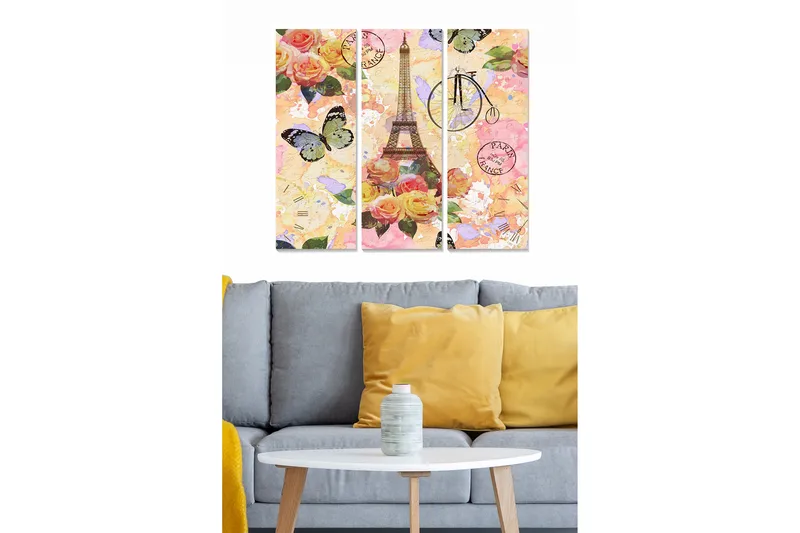 Puinen canvas-taulu, 3 osaa, 50x70 cm - Kukkasommitelma Eiffel-tornilla ja perhosilla, Vaaleanpunainen / Vihreä / Keltainen