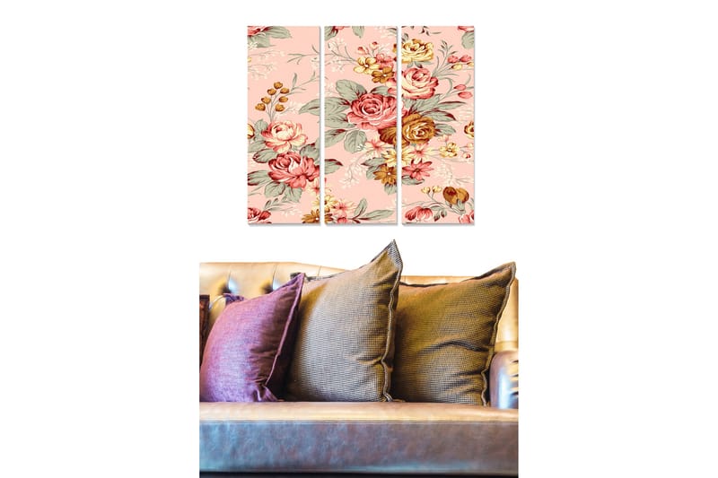 Puinen canvas-taulu, 3 osaa, 50x70 cm - Kukkasommitelma ruusuilla ja vihreillä lehdillä, Vaaleanpunainen / Punainen / Vihreä