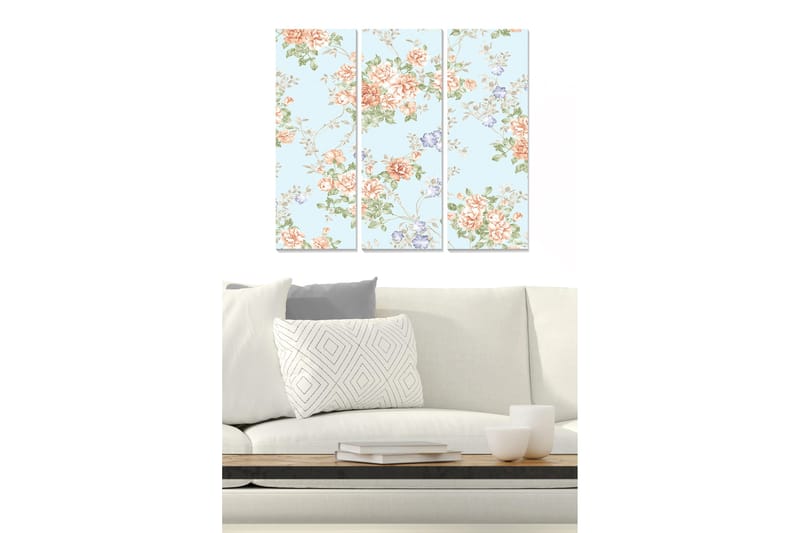 Puinen canvas-taulu, 3 osaa, 50x70 cm - Kukkasommitelma ruusuilla ja pienillä kukilla, Vaaleansininen / Koralli / Vihreä