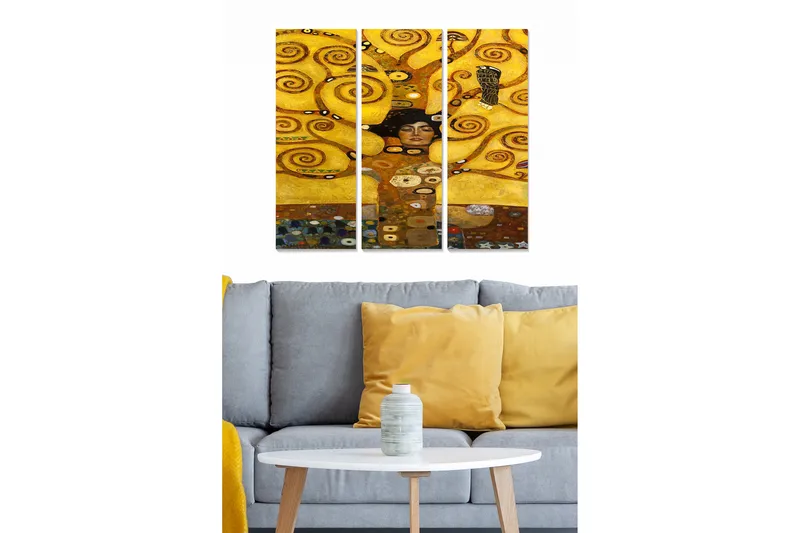 Puinen canvas-taulu, 3 osaa, 50x70 cm - Kultainen abstrakti sommitelma spiraaleilla ja naisella keskipisteenä - Kulta / Musta / Ruskea - Sisustustuotteet - Taulu & taide - Canvas-taulu