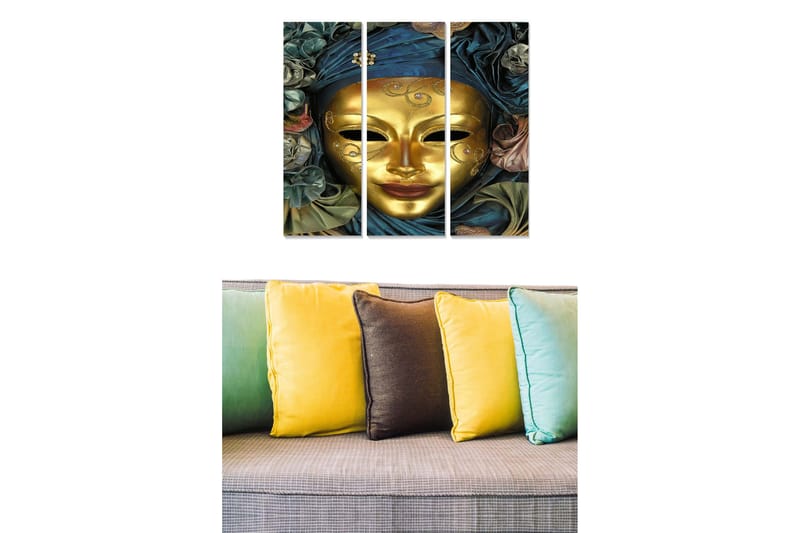 Puinen canvas-taulu, 3 osaa, 50x70 cm - Kultainen naamio, värikkäiden tekstiilien ja kukkien ympäröimä, Kulta / Tummansininen / Vihreä