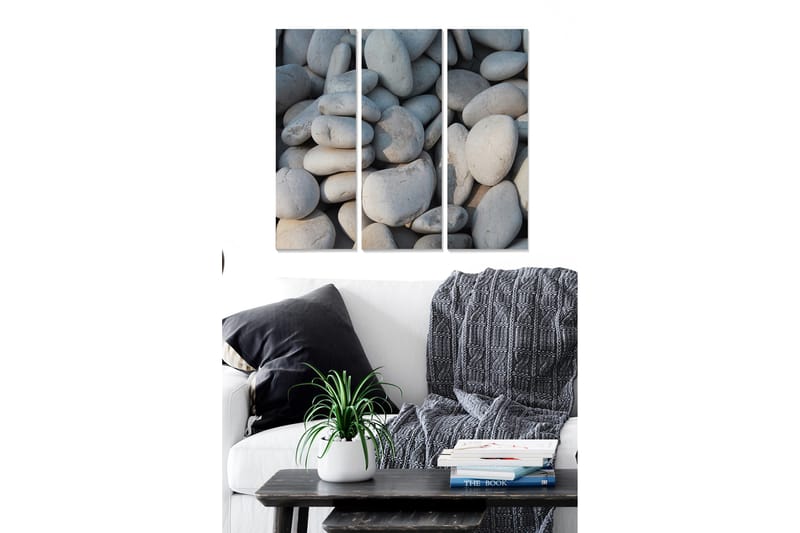 Puinen canvas-taulu, 3 osaa, 50x70 cm - Lähikuva rantakivistä, Harmaa / Vaaleanharmaa