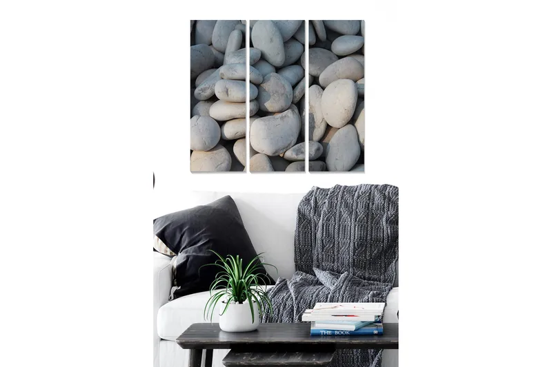 Puinen canvas-taulu, 3 osaa, 50x70 cm - Lähikuva rantakivistä, Harmaa / Vaaleanharmaa