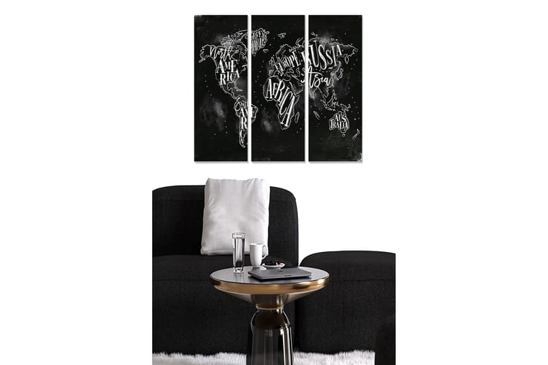 Puinen canvas-taulu, 3 osaa, 50x70 cm - Maailmankartta, jossa on käsin kirjoitettuja mantereiden ja maiden nimiä, Musta / Valkoinen