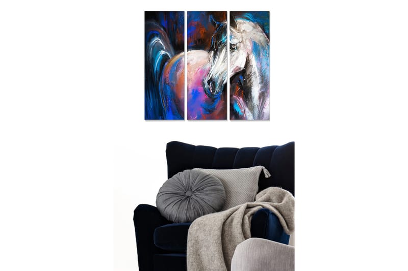 Puinen canvas-taulu, 3 osaa, 50x70 cm - Majesteettinen hevonen dynaamisessa sommitelmassa, Sininen / Valkoinen / Vaaleanpunainen