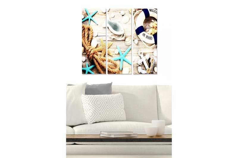 Puinen canvas-taulu, 3 osaa, 50x70 cm - Merellinen sommitelma simpukoilla, tähtimuotoisella meritähdellä ja köydellä, Turkoosi / Beige / Valkoinen