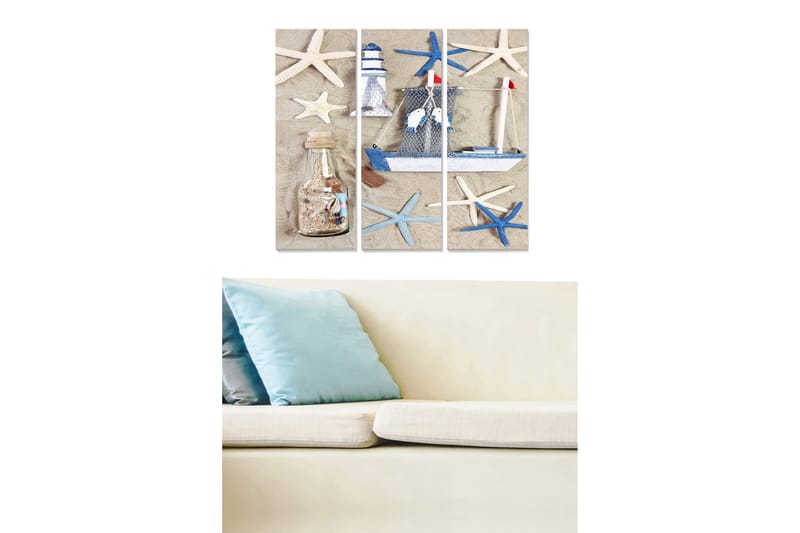 Puinen canvas-taulu, 3 osaa, 50x70 cm - Merellinen sommitelma purjeveneellä ja meritähdellä, Sininen / Valkoinen / Beige