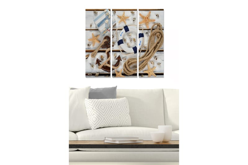 Puinen canvas-taulu, 3 osaa, 50x70 cm - Meriaiheinen asetelma simpukoilla, tähtimuotoisella meritähdellä ja pelastusrenkaalla, Beige / Sininen / Ruskea