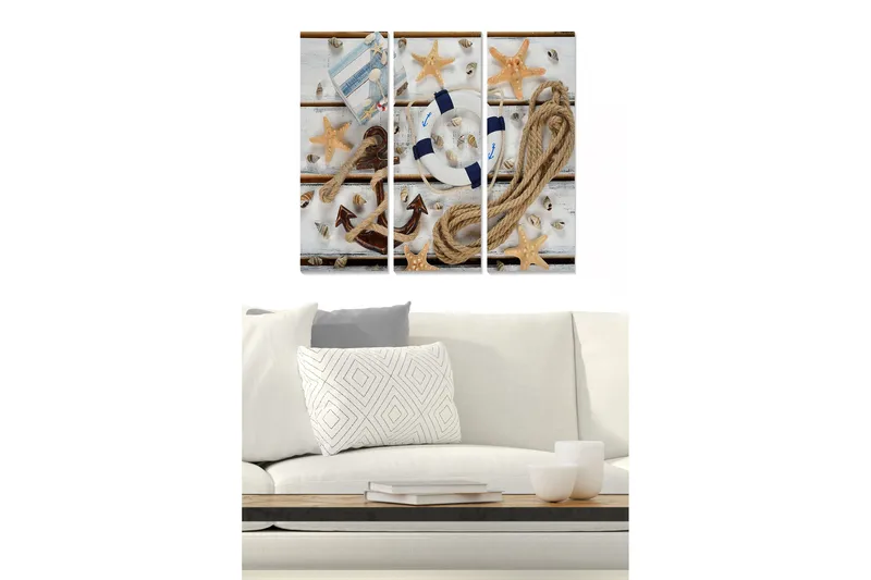 Puinen canvas-taulu, 3 osaa, 50x70 cm - Meriaiheinen asetelma simpukoilla, tähtimuotoisella meritähdellä ja pelastusrenkaalla, Beige / Sininen / Ruskea