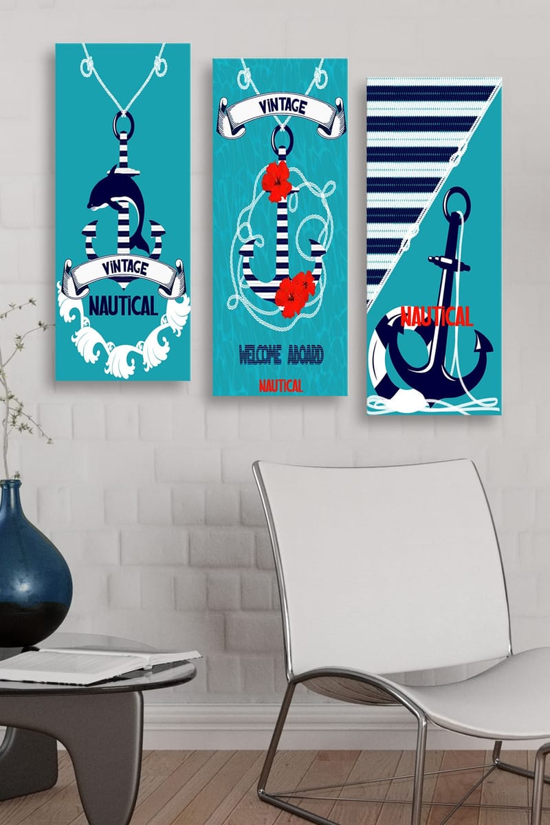 Puinen canvas-taulu, 3 osaa, 50x70 cm - Meriaiheinen sommitelma ankkurilla ja kukilla - Turkoosi / Sininen / Punainen - Sisustustuotteet - Taulu & taide - Canvas-taulu