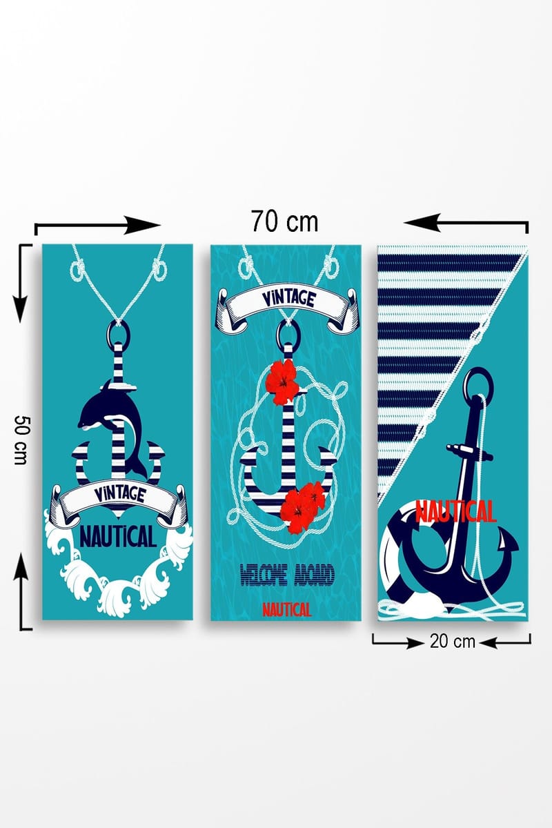 Puinen canvas-taulu, 3 osaa, 50x70 cm - Meriaiheinen sommitelma ankkurilla ja kukilla, Turkoosi / Sininen / Punainen