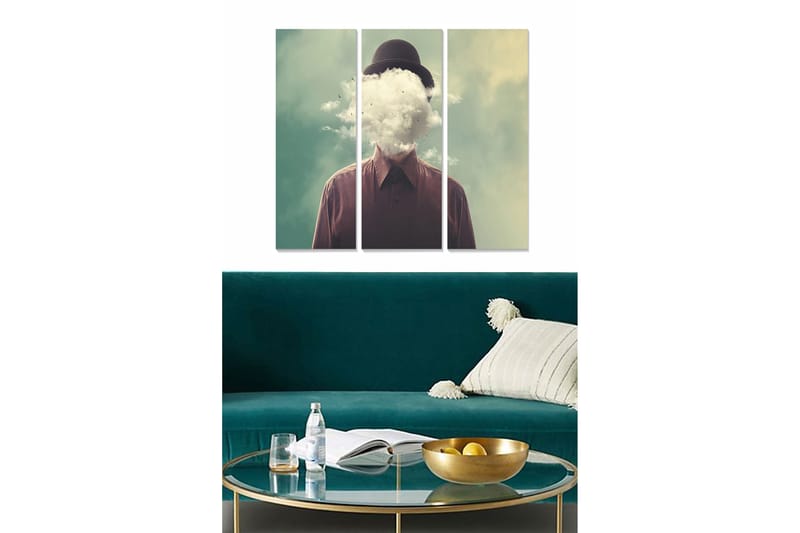 Puinen canvas-taulu, 3 osaa, 50x70 cm - Mies, jolla on pilvinen pää ja hattu, Tummanruskea / Vaaleanvihreä / Valkoinen
