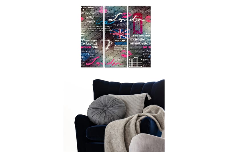 Puinen canvas-taulu, 3 osaa, 50x70 cm - Modernia taidetta Lontoo-teemalla ja graafisilla elementeillä, Sininen / Vaaleanpunainen / Harmaa