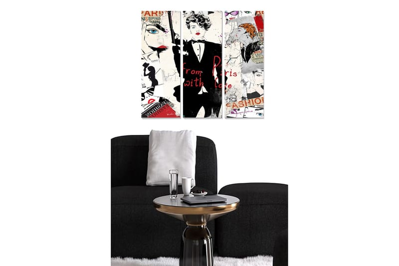 Puinen canvas-taulu, 3 osaa, 50x70 cm - Muodista inspiroitunut kollaasi tyylitellyillä kasvoilla ja tekstikatkelmilla, Punainen / Musta / Valkoinen