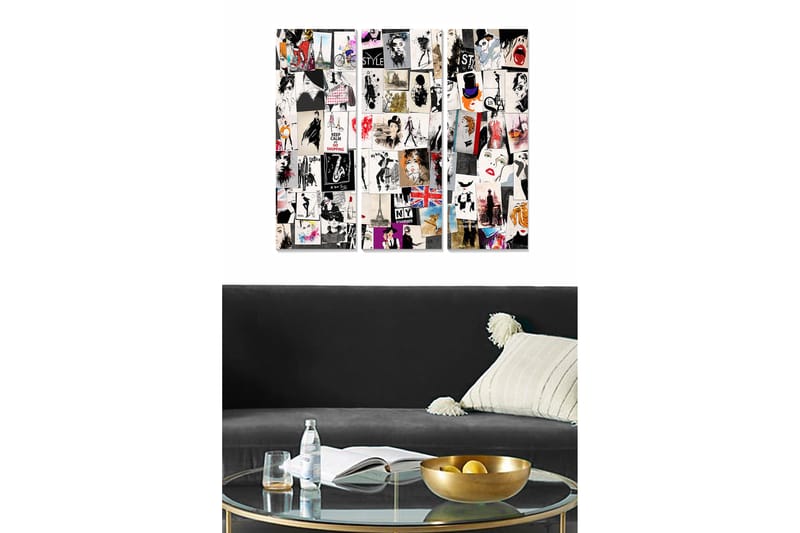 Puinen canvas-taulu, 3 osaa, 50x70 cm - Muoti-ikonien ja kaupunkiaiheiden kollaasi, Musta / Valkoinen / Punainen