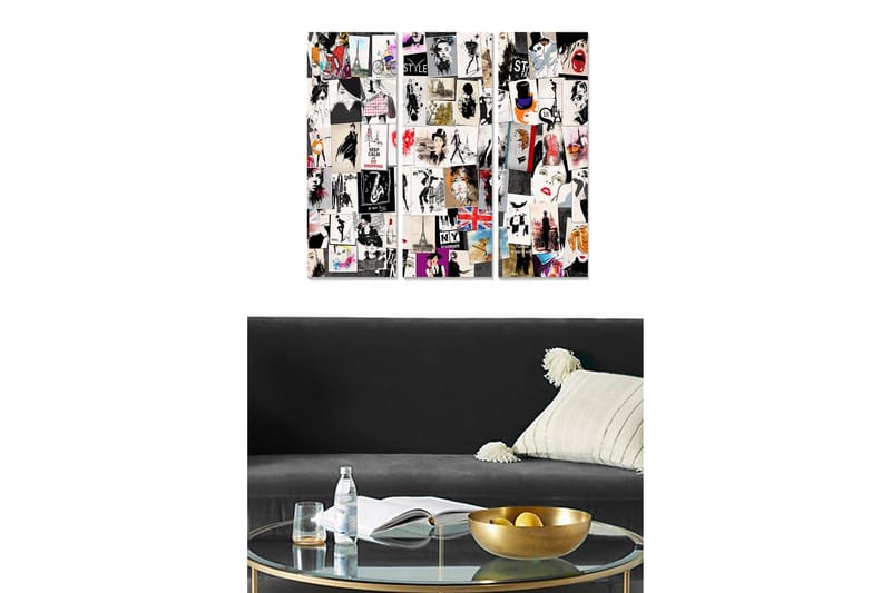 Puinen canvas-taulu, 3 osaa, 50x70 cm - Muoti-ikonien ja kaupunkiaiheiden kollaasi, Musta / Valkoinen / Punainen