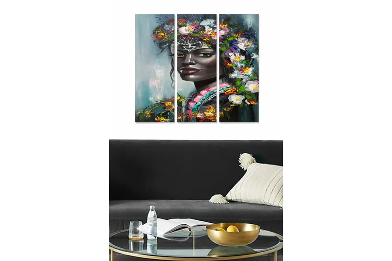 Puinen canvas-taulu, 3 osaa, 50x70 cm - Muotokuva naisesta, jolla on kukkia hiuksissaan, Tummanvihreä / Valkoinen / Vaaleanpunainen