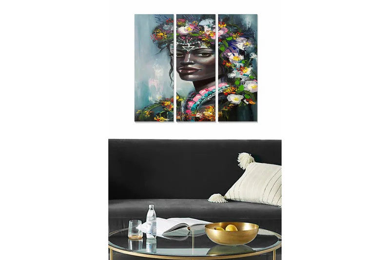 Puinen canvas-taulu, 3 osaa, 50x70 cm - Muotokuva naisesta, jolla on kukkia hiuksissaan, Tummanvihreä / Valkoinen / Vaaleanpunainen