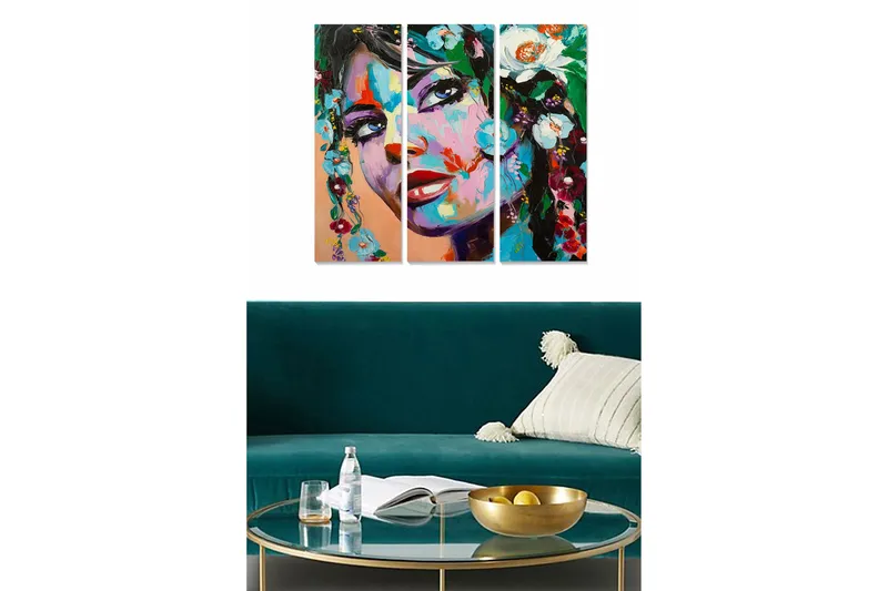 Puinen canvas-taulu, 3 osaa, 50x70 cm - Muotokuva naisesta, jolla on kukkia hiuksissaan, Vihreä / Punainen / Sininen