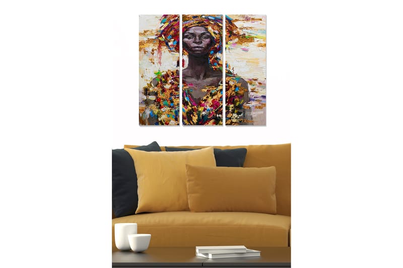 Puinen canvas-taulu, 3 osaa, 50x70 cm - Muotokuva naisesta värikkäässä päähineessä ja vaatteissa, Tummanruskea / Kulta / Punainen